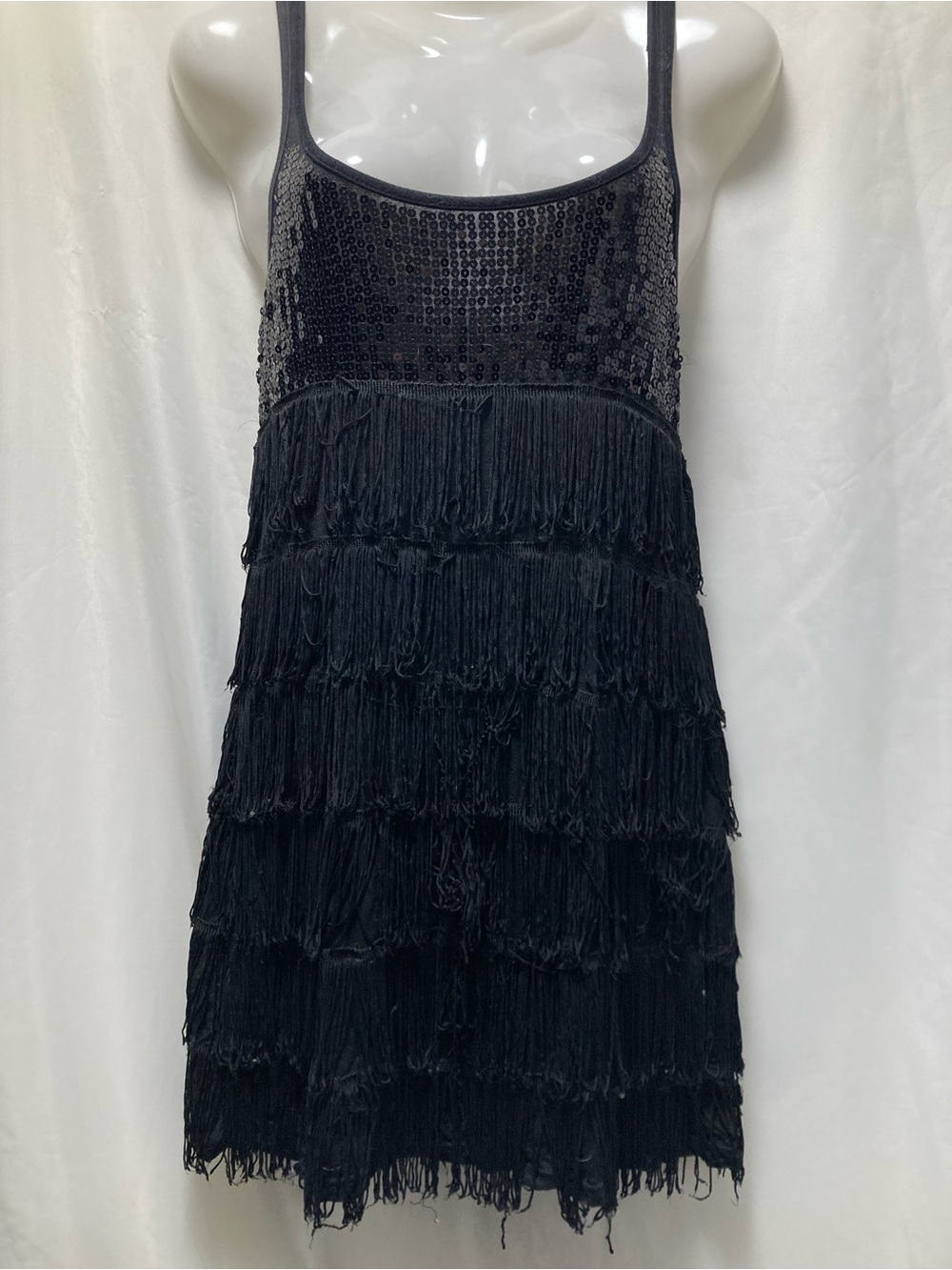 Bizz Girl Black Fringe Sequin Mini Dress Y2K Gatsby Party Clubwear S